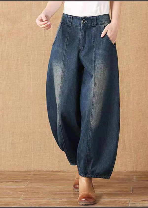 Fashion Denim Blue High Waist Pockets Patchwork Cotton Harem Pants Spring