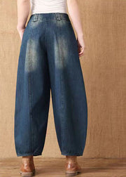 Fashion Denim Blue High Waist Pockets Patchwork Cotton Harem Pants Spring