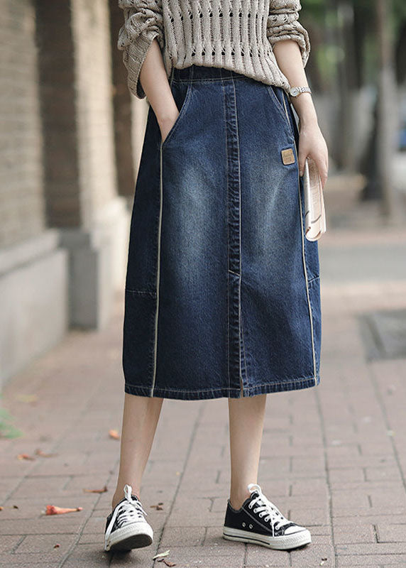 Fashion Denim Blue High Waist Pockets Patchwork Side Open Cotton Skirts Summer