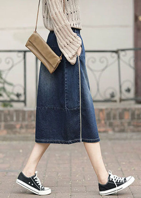 Fashion Denim Blue High Waist Pockets Patchwork Side Open Cotton Skirts Summer