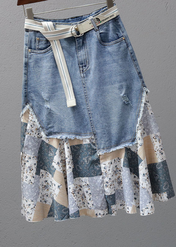 Fashion Denim Blue Print Patchwork High Waist Maxi Skirt Summer