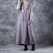 Fashion Embroidery Purple Cotton Linen Dresses For Women