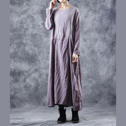 Mode-Stickerei lila Baumwoll-Leinen-Kleider für Frauen