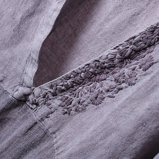 Mode-Stickerei lila Baumwoll-Leinen-Kleider für Frauen
