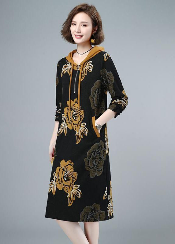 2024 Fashion Floral Cinched Velour Hooded Dress Fall