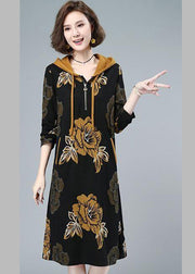 2024 Fashion Floral Cinched Velour Hooded Dress Fall