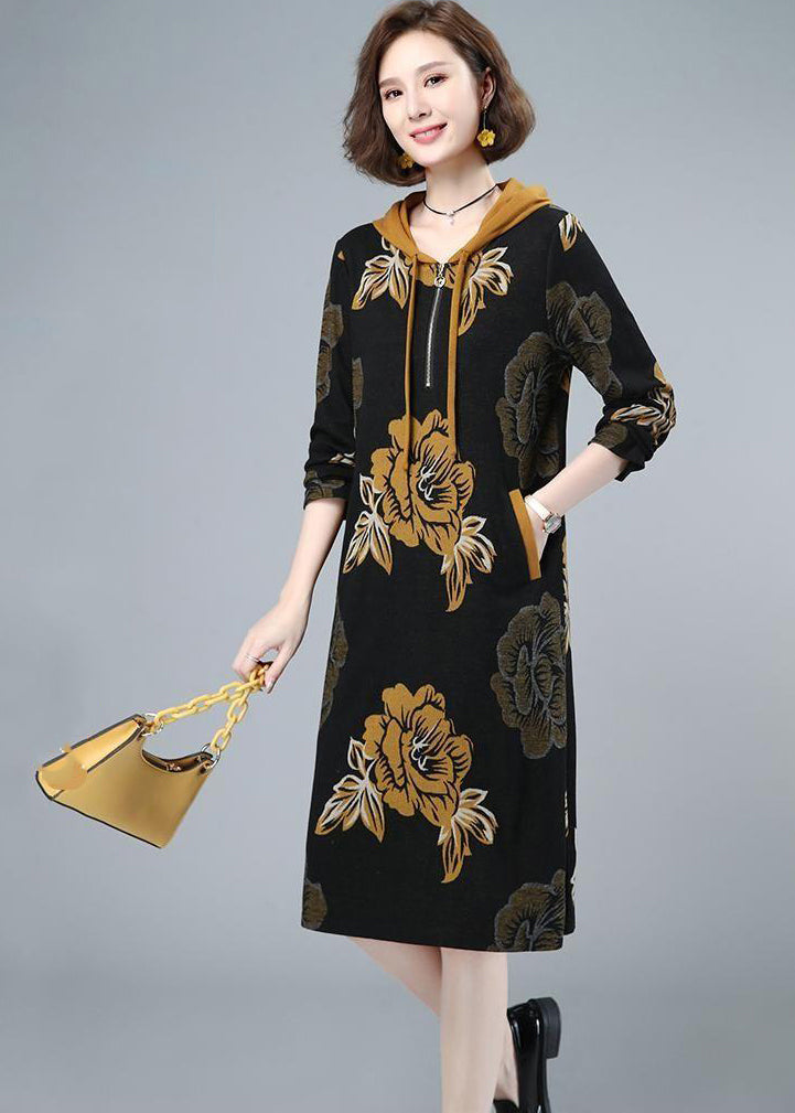 2022 Fashion Floral Cinched Velour Hooded Dress Fall