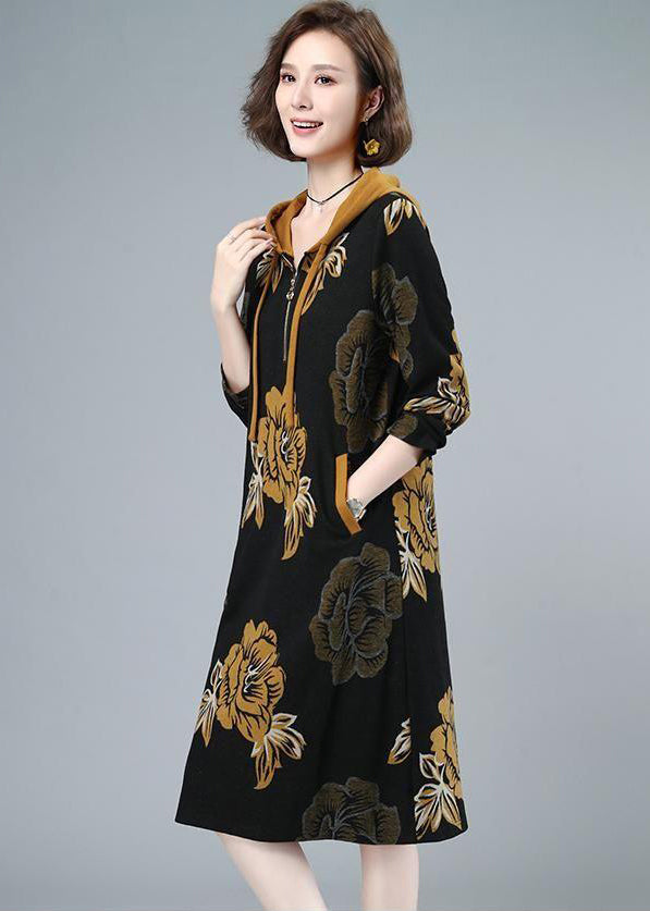 2022 Fashion Floral Cinched Velour Hooded Dress Fall