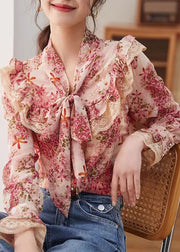 Fashion Floral Print Bow Lace Patchwork Chiffon Shirt Tops Spring
