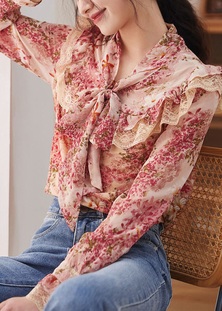 Fashion Floral Print Bow Lace Patchwork Chiffon Shirt Tops Spring