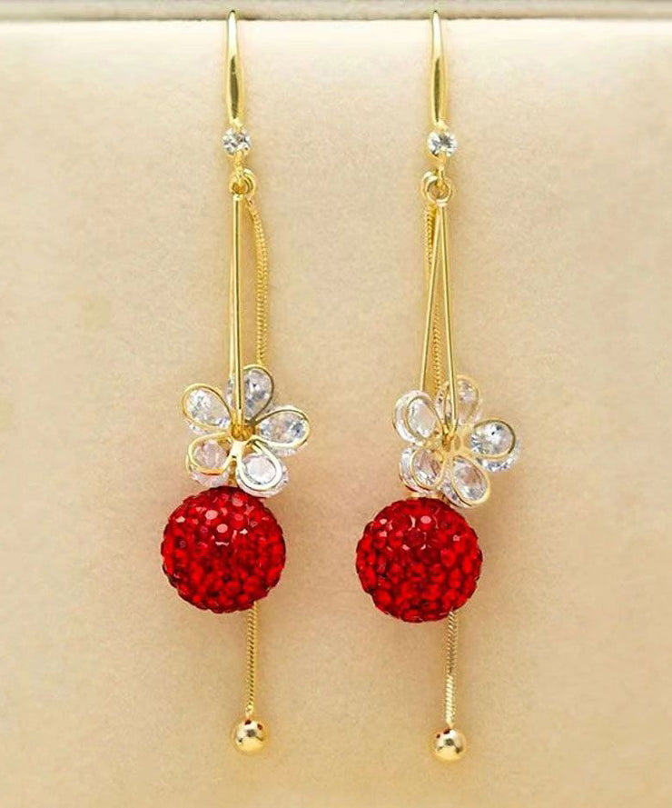 Fashion Gold Alloy Zircon Floral Ball Tassel Drop Earrings