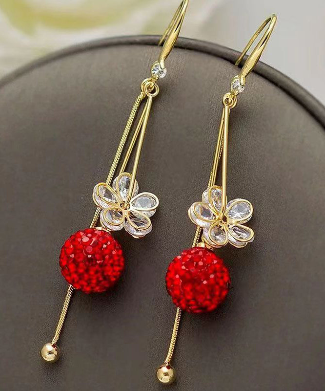 Fashion Gold Alloy Zircon Floral Ball Tassel Drop Earrings