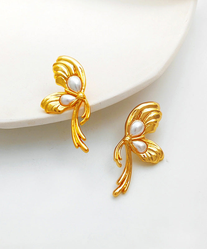 Fashion Gold Copper Overgild Pearl Bow Stud Earrings