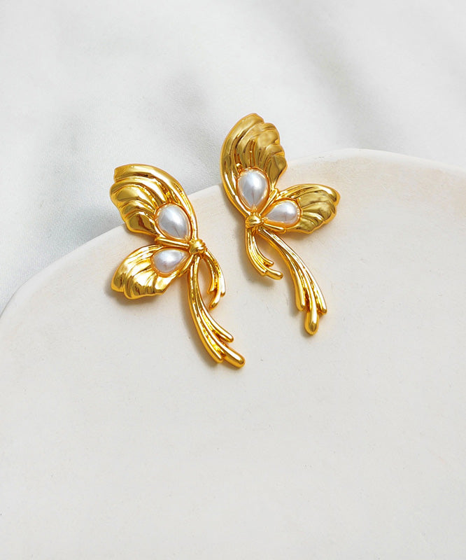 Fashion Gold Copper Overgild Pearl Bow Stud Earrings