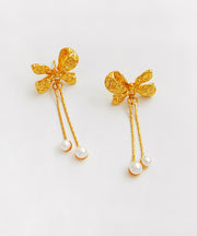 Fashion Gold Copper Pearl Bow Tassel Drop Earrings