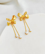 Fashion Gold Copper Pearl Bow Tassel Drop Earrings