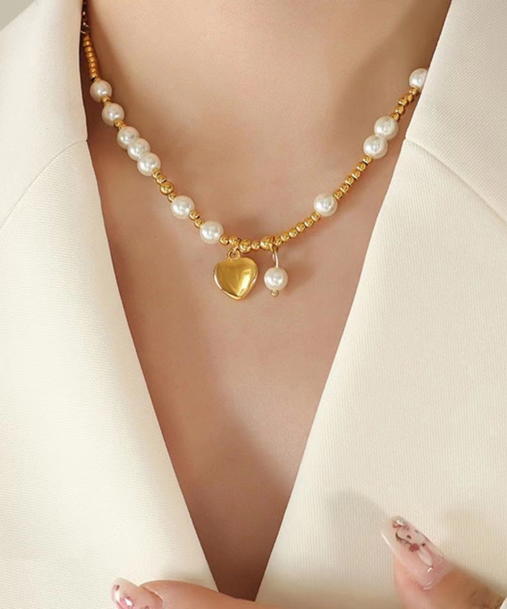 Fashion Gold Stainless Steel Pearl patchwork Love Pendant Necklace