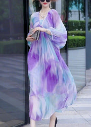 Fashion Gradient Color V Neck Print Wrinkled Chiffon Dress Long Sleeve