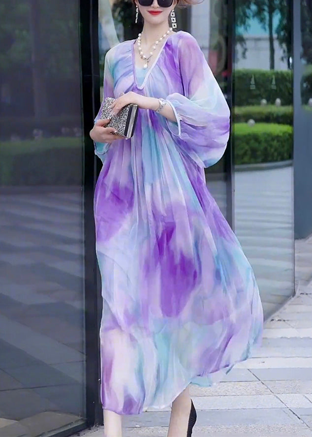 Fashion Gradient Color V Neck Print Wrinkled Chiffon Dress Long Sleeve