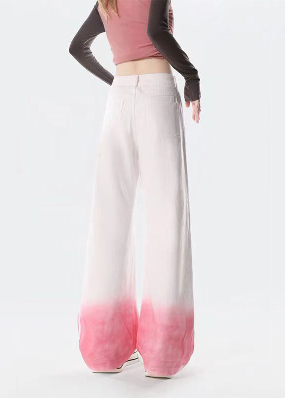 Fashion Gradient Pink Embroideried High Waist Denim Straight Pants Spring
