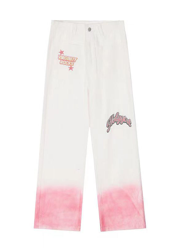 Fashion Gradient Pink Embroideried High Waist Denim Straight Pants Spring