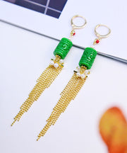 Fashion Green 14K Gold Jade Pearl Dry Green Tassel Drop Earrings