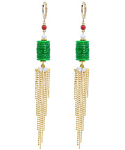 Fashion Green 14K Gold Jade Pearl Dry Green Tassel Drop Earrings