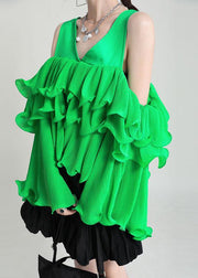 Fashion Green Asymmetrical Design Ruffled Cold Shoulder Chiffon Top Long Sleeve - SooLinen