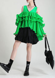 Fashion Green Asymmetrical Design Ruffled Cold Shoulder Chiffon Top Long Sleeve - SooLinen