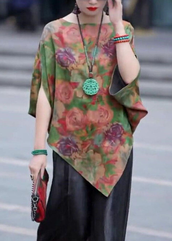 Fashion Green Asymmetrical Print Silk Shirt Tops Bracelet Sleeve