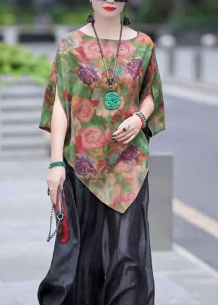 Fashion Green Asymmetrical Print Silk Shirt Tops Bracelet Sleeve