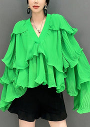 Fashion Green Asymmetrical Ruffled Patchwork Chiffon Tops Spring