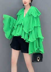 Fashion Green Asymmetrical Ruffled Patchwork Chiffon Tops Spring