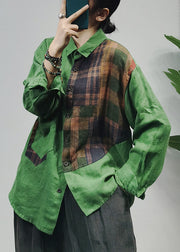 Fashion Green Button Peter Pan Collar Plaid Patchwork Linen Blouse Top Long Sleeve