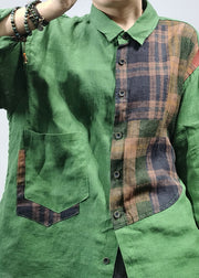 Fashion Green Button Peter Pan Collar Plaid Patchwork Linen Blouse Top Long Sleeve