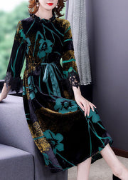Fashion Green Cinched Jacquard Silk Velour Long Dress Spring