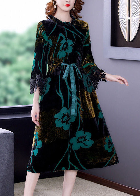 Fashion Green Cinched Jacquard Silk Velour Long Dress Spring