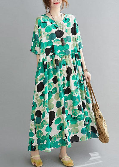 Fashion Green Dot Print Pockets Summer Vacation Dresses Half Sleeve - SooLinen