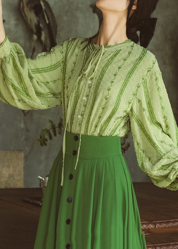 Fashion Green Embroidered Lace Up Cotton Shirt Top Spring