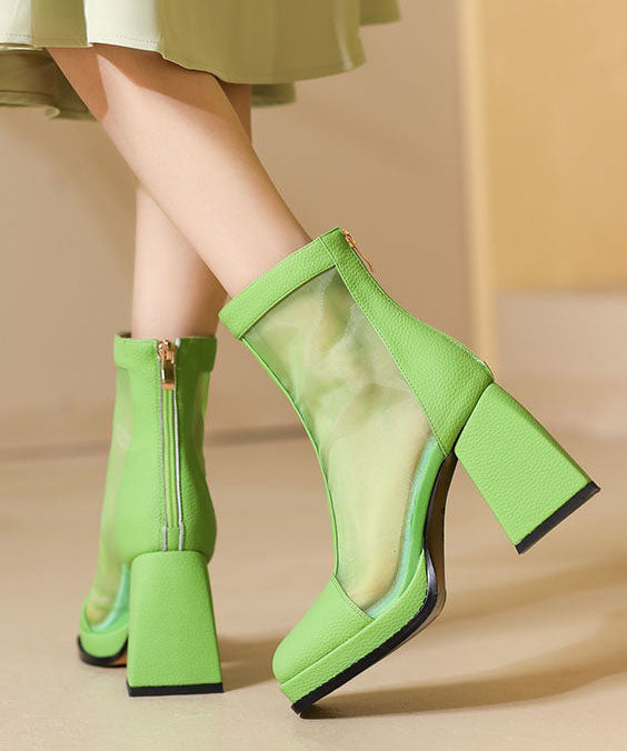 Fashion Green Faux Leather Thin Boots Splicing Tulle
