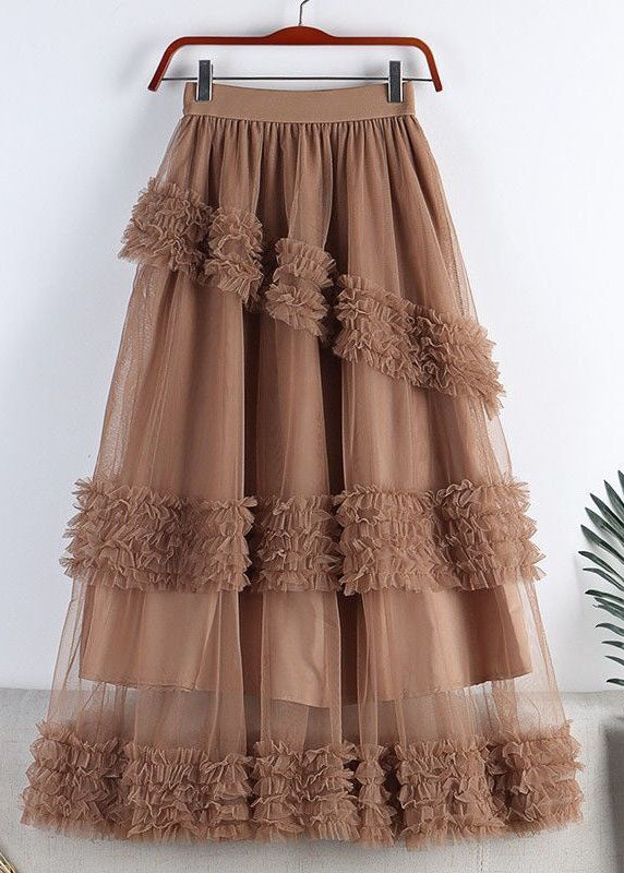 Fashion Green High Waist Ruffled Tulle A Line Skirt Spring