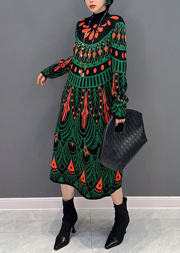 Fashion Green Hign Neck Print Knit Long Dress Winter