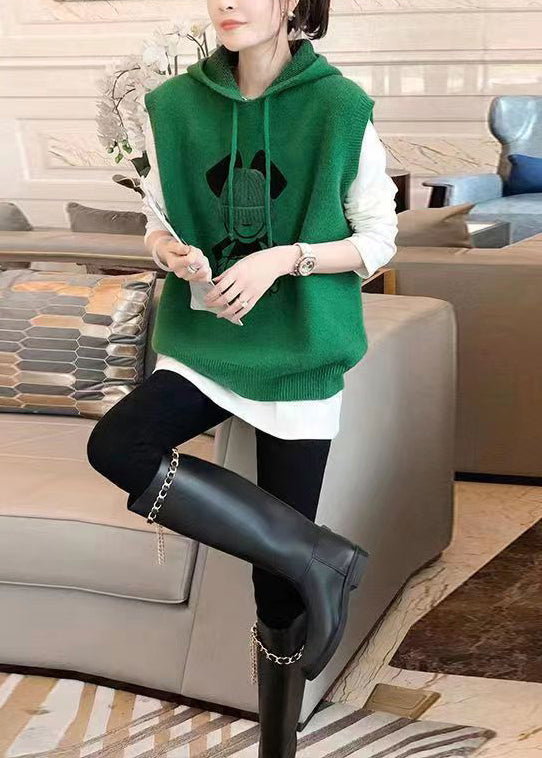 Fashion Green Hooded Patchwork Knit Vest Top Sleeveless