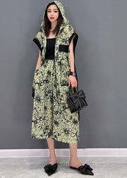 Fashion Green Hooded Patchwork Print Low High Design Chiffon Two Pieces Set Summer
