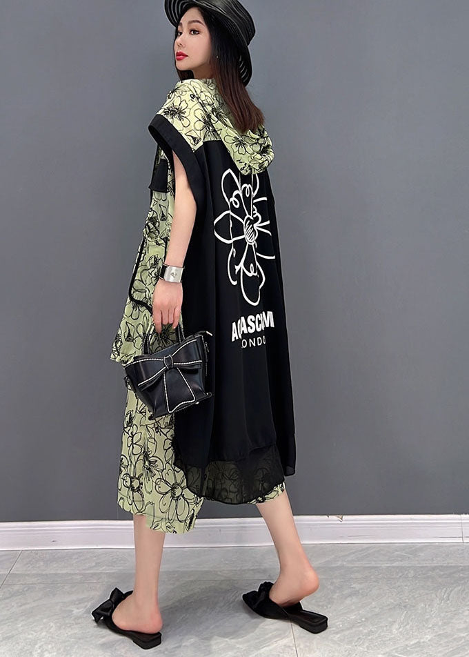 Fashion Green Hooded Patchwork Print Low High Design Chiffon Two Pieces Set Summer