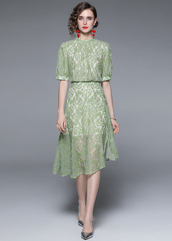 Fashion Green Jacquard Asymmetrical Patchwork Lace Mid Dress Summer