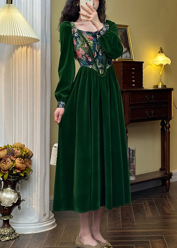 Fashion Green Jacquard Ruffled Silk Velour Long Dresses Spring