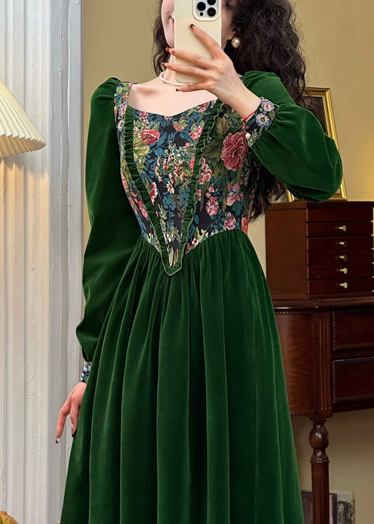 Fashion Green Jacquard Ruffled Silk Velour Long Dresses Spring
