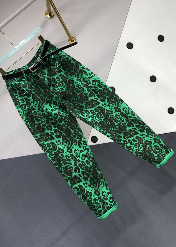 Fashion Green Leopard Pockets Patchwork Denim Pants Fall