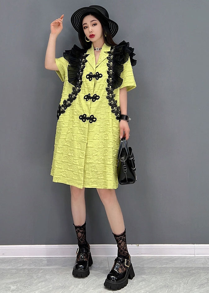 Fashion Green Notched Collar Patchwork Ruffles Oriental Button Mid Dresses Short Sleeve